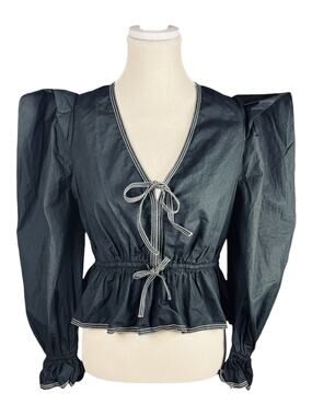 Ulla Johnson Sabina Noir Cotton Peplum Blouse Puff Sleeve V Neck Tie Front Top 2
